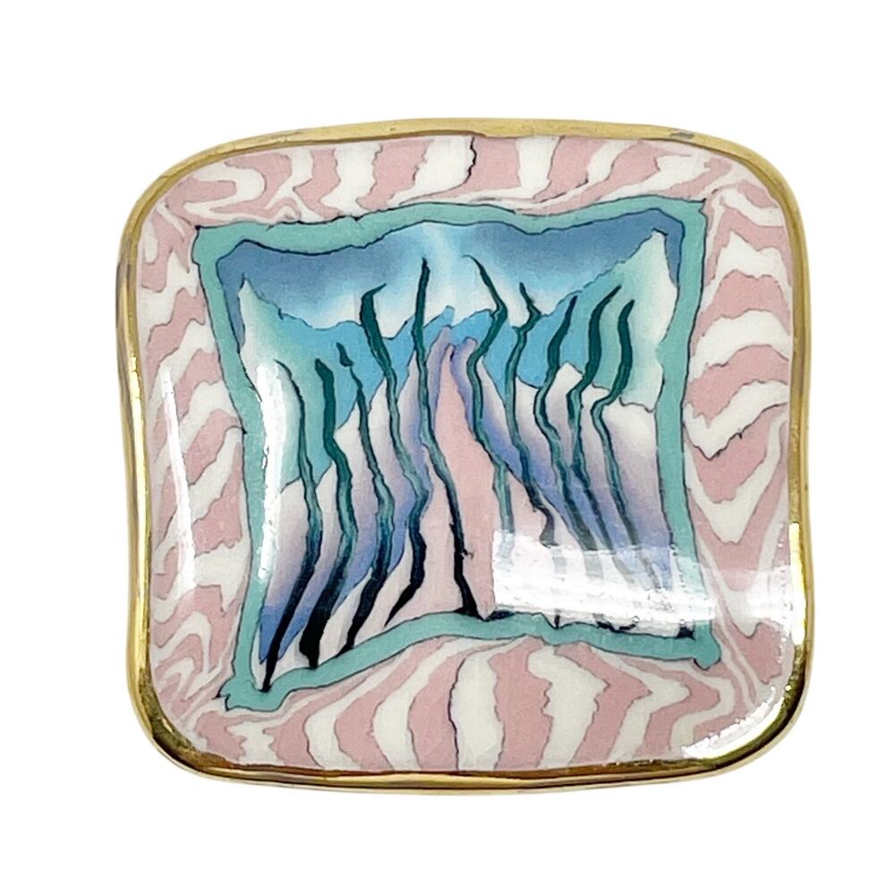 Vintage 80s Pastel Desert Ocean Abstract Brooch Pin w Brass Trim Nerikomi Scene